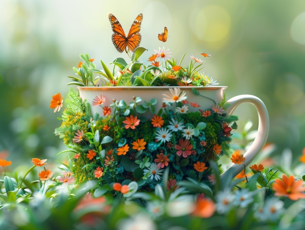 Enchanted Floral Teacup Garden with Butterflies