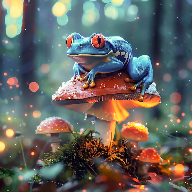 Enchanted Forest Adventure A Blue Frogs Journey on a Glowing Mushroom