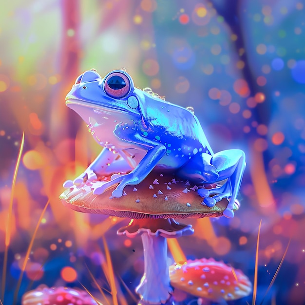 Enchanted Forest Adventure A Blue Frogs Journey on a Glowing Mushroom