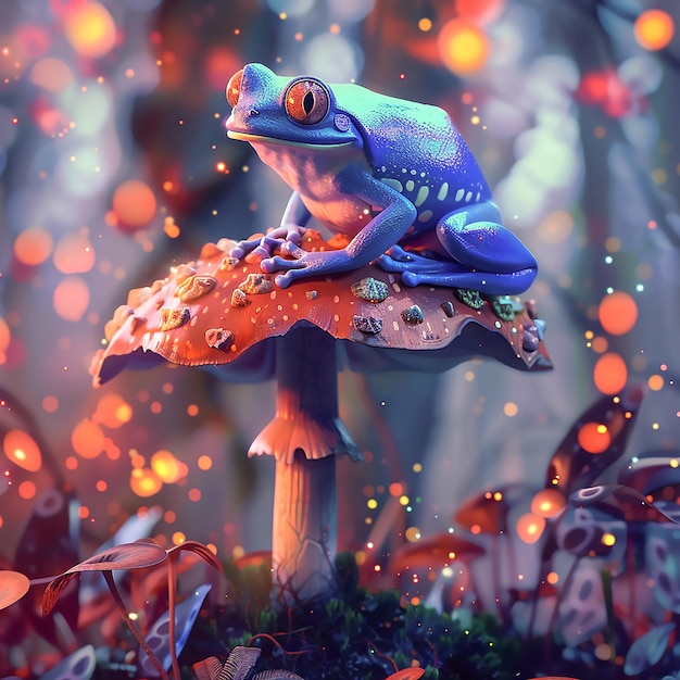 Enchanted Forest Adventure A Blue Frogs Journey on a Glowing Mushroom