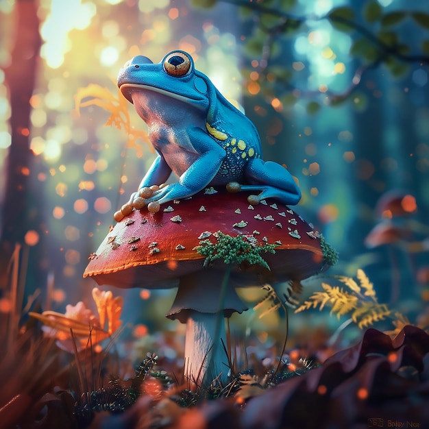 Enchanted Forest Adventure A Blue Frogs Journey on a Glowing Mushroom