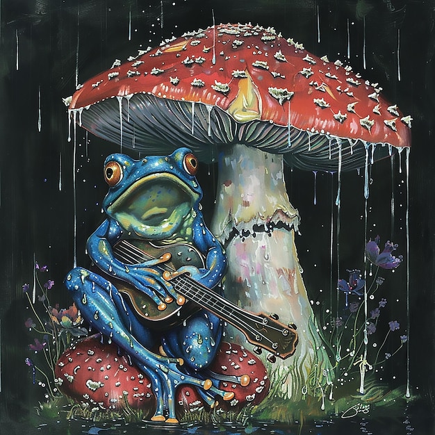 Enchanted Forest Adventure A Blue Frogs Journey on a Glowing Mushroom