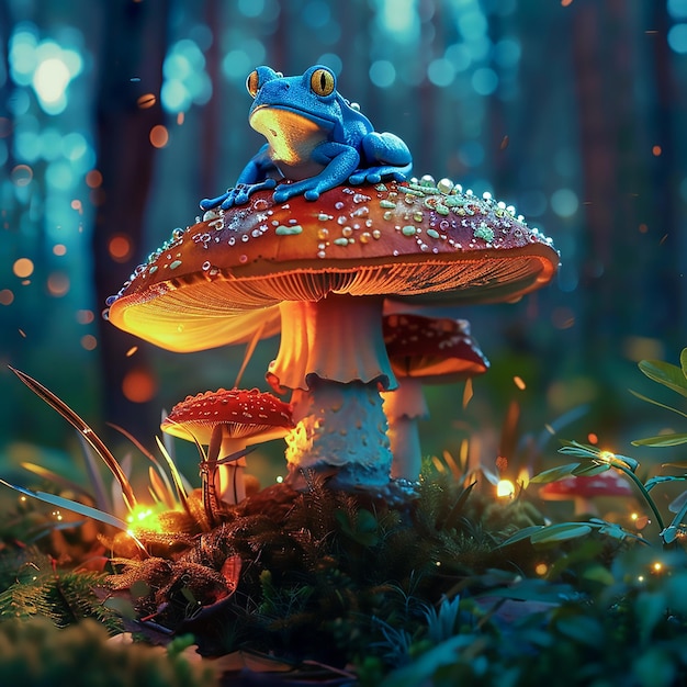 Enchanted Forest Adventure A Blue Frogs Journey on a Glowing Mushroom