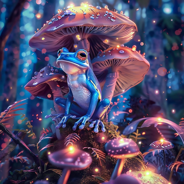 Enchanted Forest Adventure A Blue Frogs Journey on a Glowing Mushroom