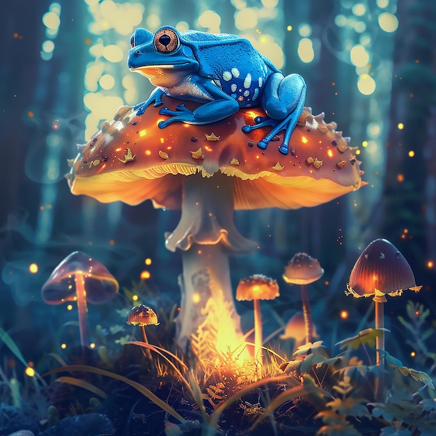 Enchanted Forest Adventure A Blue Frogs Journey on a Glowing Mushroom