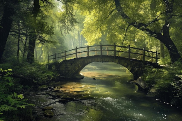 Enchanted forest bridge over tranquil stream