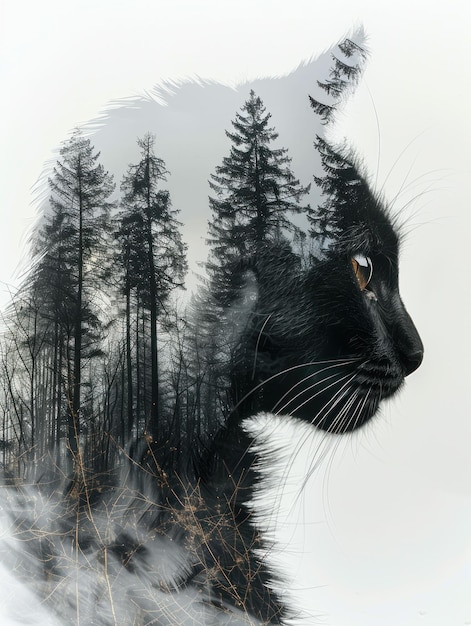 Photo enchanted forest cat double exposure with trees in background for nature and animal lovers