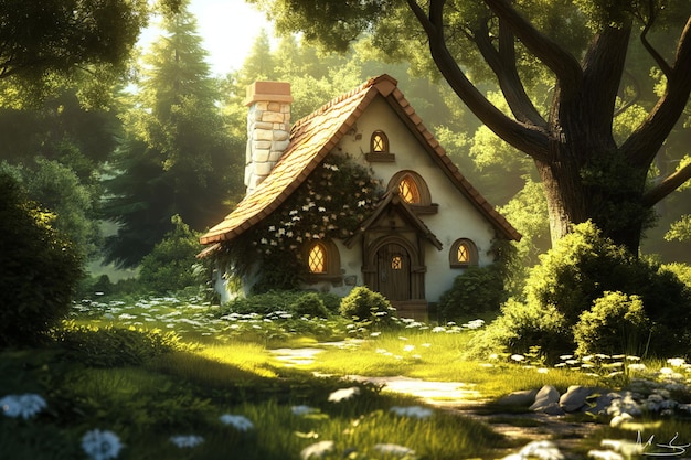 Enchanted forest cottage at sunrise