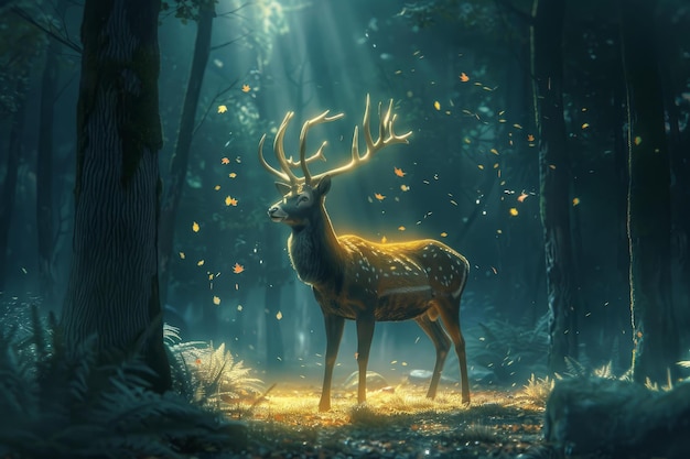 Enchanted forest deer in sunlight