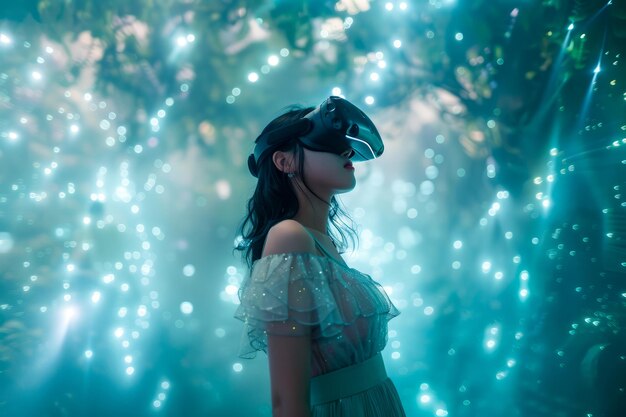 Photo enchanted forest dreamscape with young woman wearing virtual reality headset among twinkling lights