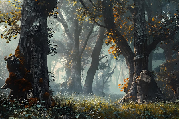 Photo enchanted forest an eerie misty scene in a realm of ancient trees