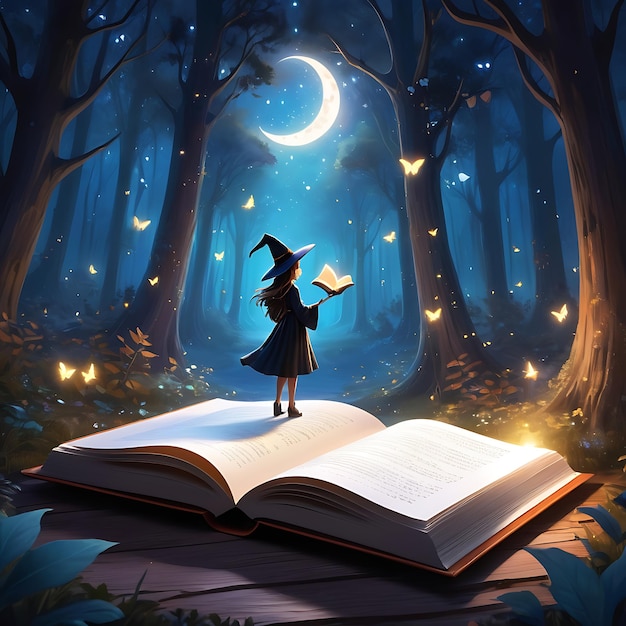 Enchanted Forest Fairy Tale Book Illustration with Mystical Silhouette at Night