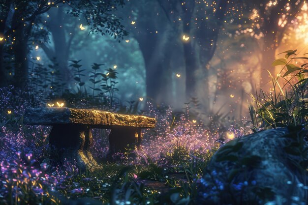 Photo an enchanted forest glade with a mystical stone bench glowing fireflies bioluminescent plants and