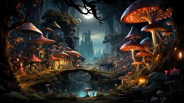 Enchanted forest glows with luminescent mushrooms serene stream and magical flora under a twilight canopy