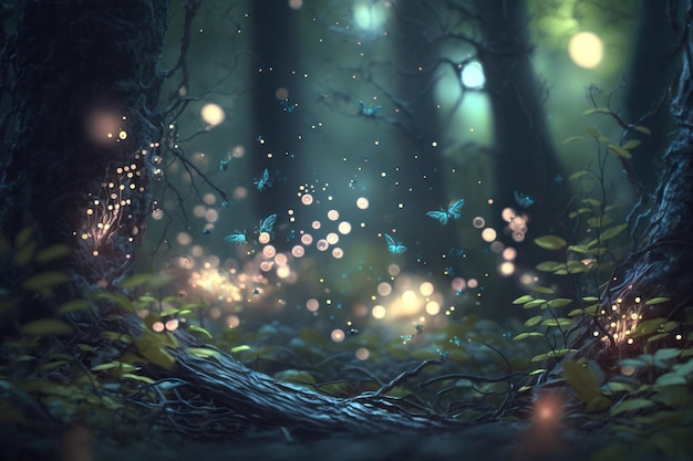 Enchanted Forest Landscape with Glittering Leaves Magic Butterfly Generative AI