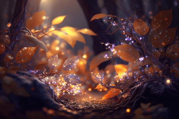 Enchanted Forest Landscape with Glittering Leaves Magic Generative AI