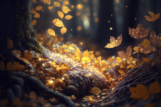 Enchanted Forest Landscape with Glittering Leaves Magic Generative AI