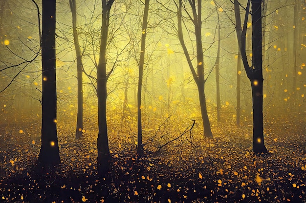 Enchanted forest during leaf fall mysterious golden mist in the woods at dusk Digital illustration based on render by neural network