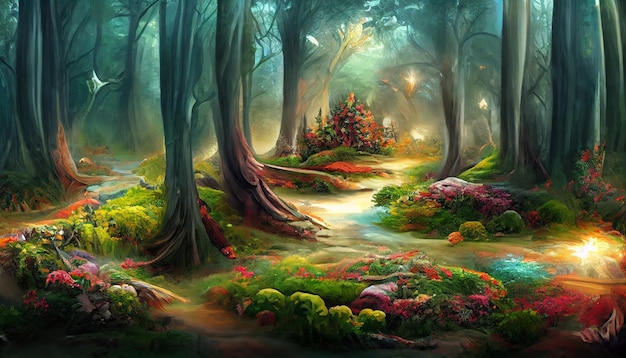 The Enchanted Forest of the Magic Natural Landscape and River Flow Background, Fairy Tale Forest