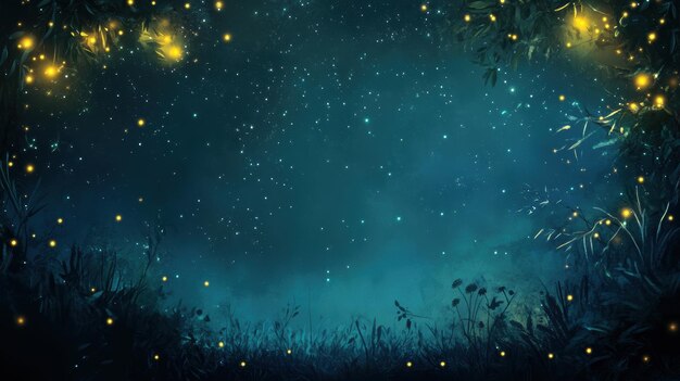 Photo enchanted forest night sky with fireflies and stars magical fantasy background