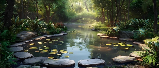 Enchanted Forest Oasis with Lily Pads and Stone Path Concept Enchanted Forest Lily Pads Stone Path Oasis