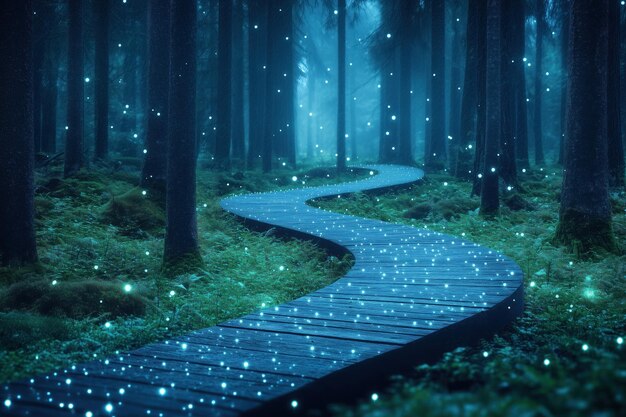 Photo enchanted forest path a winding wooden pathway illuminated by ethereal blue fireflies beckons through a mystical forest under a starlit night sky a magical scene that evokes wonder