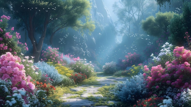 Enchanted forest path with blooming flowers and dappled sunlight