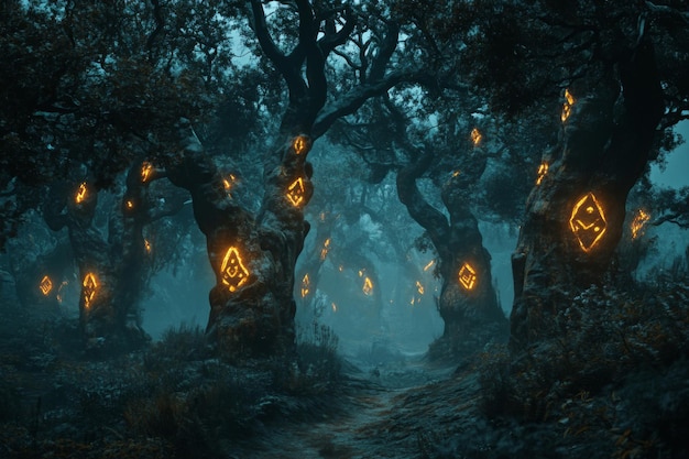 Enchanted Forest Path with Glowing Runes on Trees