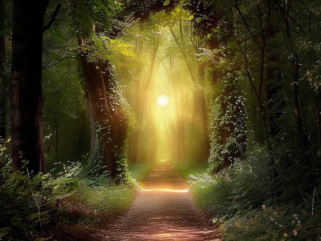 Enchanted Forest Path with Golden Sunrise