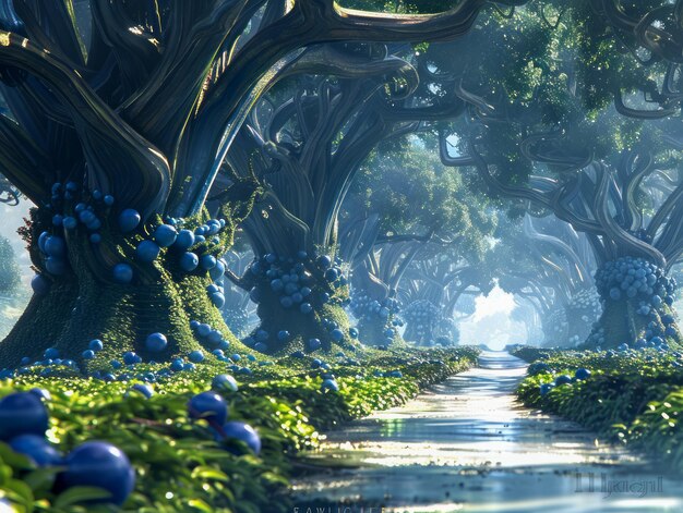 Enchanted Forest Path with Magical Blue Orbs and Sunlight Streaming Through Ancient Trees