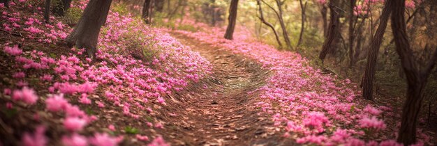 Photo enchanted forest path with pink flower petals a winding path through a forest covered in pin