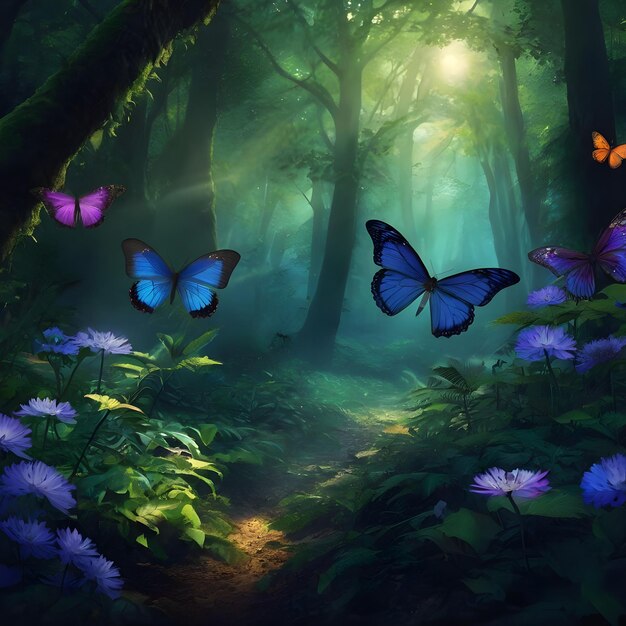 Enchanted Forest Path With Radiant Sunbeams and Fluttering Blue Butterflies at Dawn