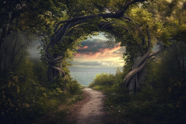 Enchanted forest pathway to sunset beach