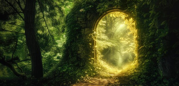 Photo enchanted forest portal with golden glow