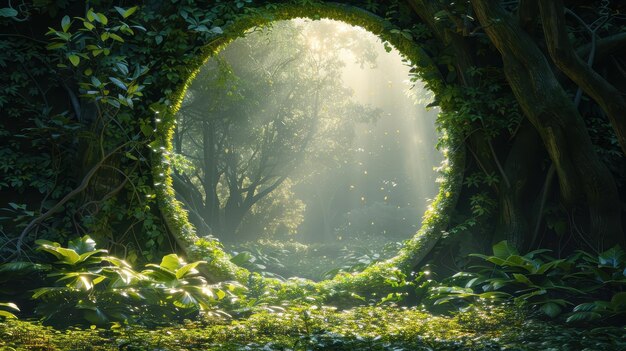 Enchanted Forest Portal with Sunlight Streaming Through Lush Greenery and Mystical Atmosphere