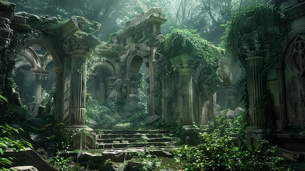 Enchanted forest ruins illuminated by sunlight Overgrown historical architecture