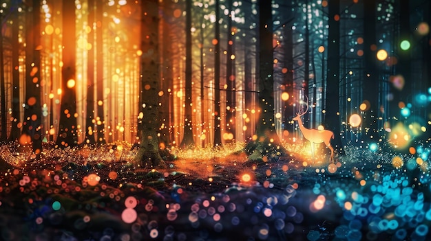 Photo enchanted forest scene with glowingvibrant flora and a double exposure silhouette with magical creatures the closeup focus on the copy space creates a mesmerizingsurreal and imaginative backdrop