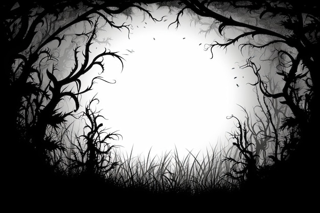 Enchanted Forest Silhouette Drawn Black Frame with Trees Grass and Empty Space for Text