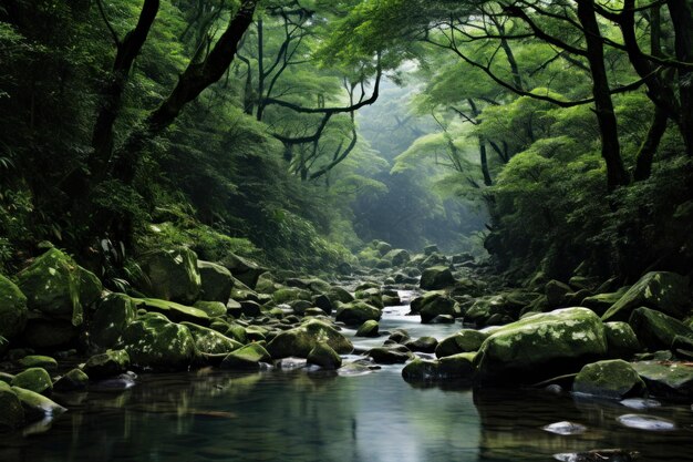 Enchanted forest stream with mossy rocks