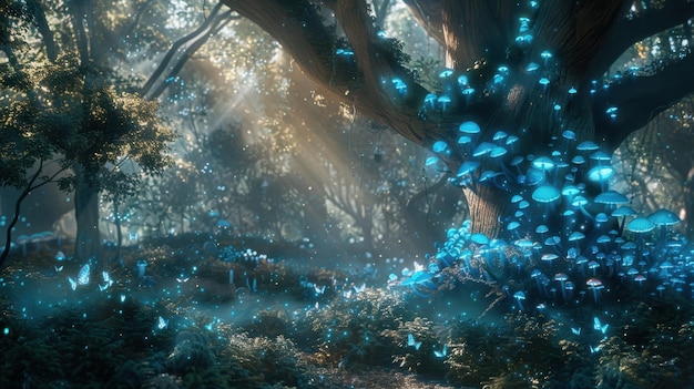 Enchanted forest towering ancient trees glowing blue mushrooms