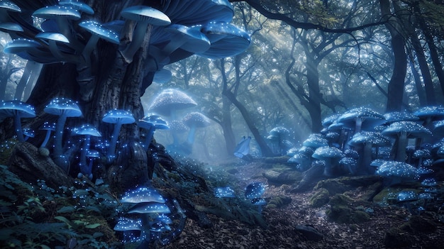 Enchanted forest towering ancient trees glowing blue mushrooms