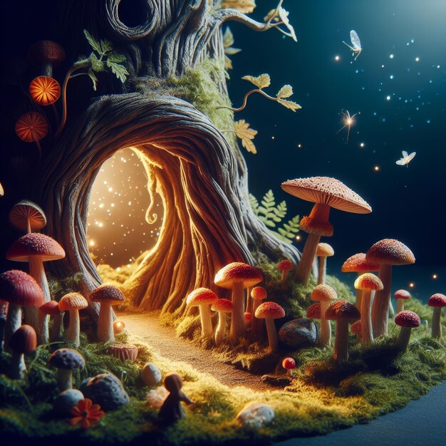 Photo enchanted forest trail with glowing mushrooms leading to a mystical portal at night