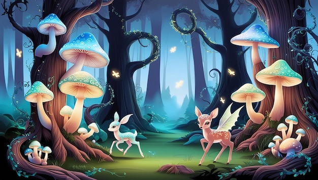 Enchanted Forest Vector Art of Glowing Mushrooms Magical Creatures