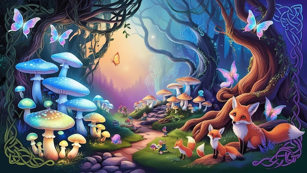 Enchanted Forest Vector Art of Glowing Mushrooms Magical Creatures