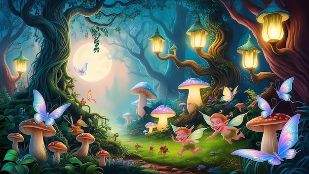 Enchanted Forest Vector Art of Glowing Mushrooms Magical Creatures