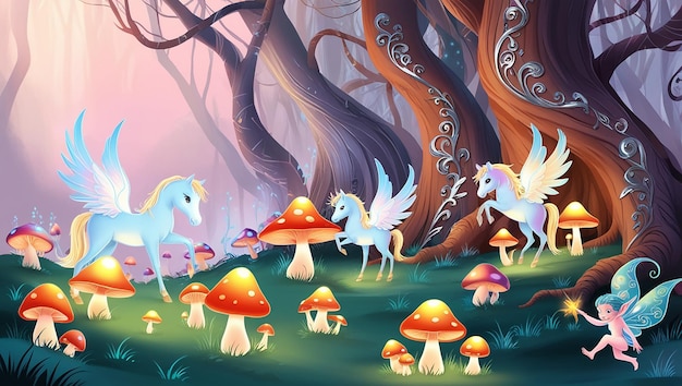 Enchanted Forest Vector Art of Glowing Mushrooms Magical Creatures