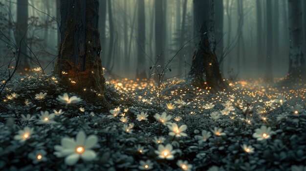 Photo enchanted forest with bioluminescent flowers