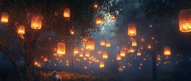 Photo enchanted forest with floating lanterns