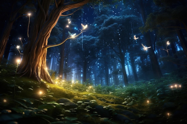 Enchanted Forest with Glowing Fireflies Generative AI