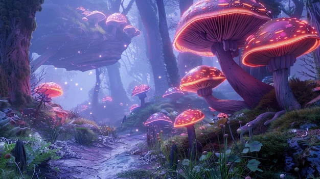 Enchanted forest with glowing mushrooms creates a mystical magical scene